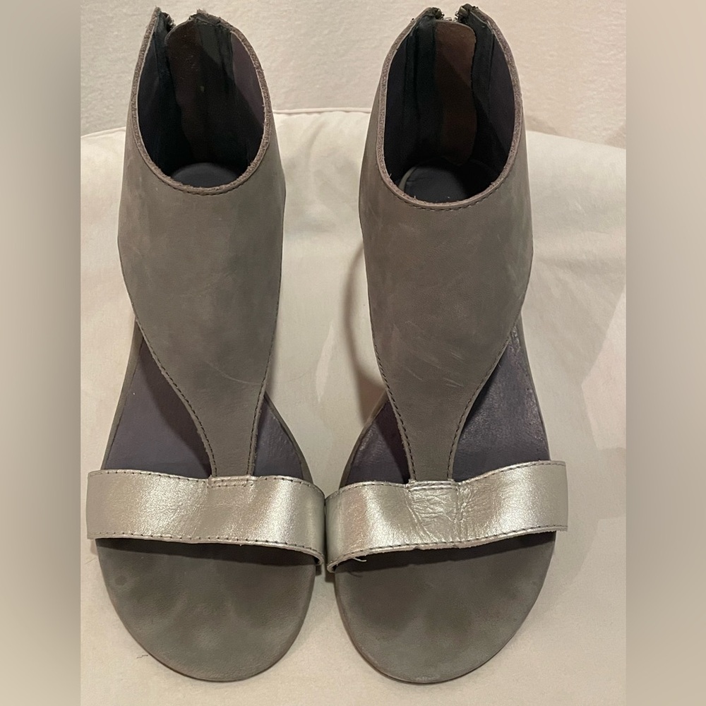 Matisse Grey Sandal with Metallic Silver Strap and Wedge Heel